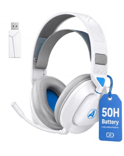 Wireless Gaming Headset with Mic for PS5 PS4 PC, 50-Hour Battery All-Day Play, Zero Interference, ≤20ms Sync for Fortnite & Call of Duty/FPS Gamers, Double Mode,White