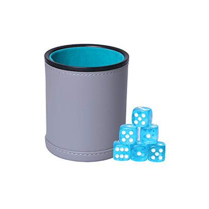 Dice Cup Set PU Leather and Felt-Lined, Quiet Shaking for Yahtzee Farkle Liars Dice Games, Includes Six 16mm Regular Dice - color: Lake Grey