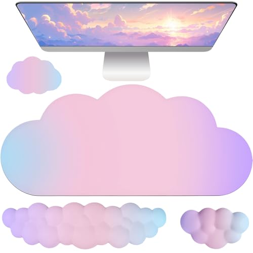 Cloud Mouse Pad Keyboard Wrist Rest for Mouse 4PCS Extended Large Desk Mat Pad Set Memory Foam Non-Slip Cute Ergonomic Gaming Mouse Wrist Support for Computer Home Office 35.4x15.7in Pink Purple Blue - color: L-pink Purple