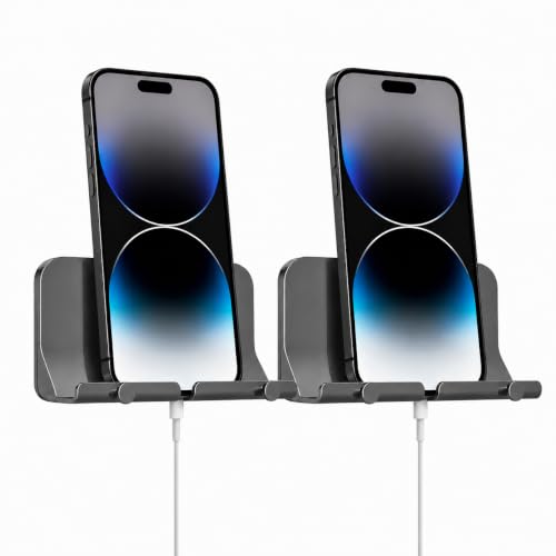 Wall Mount Phone Holder with Cable Hole & Hooks, Adhesive Wall Phone Holder, Phone Charging Dock & Organizer for Bedroom, Bathroom, Kitchen, Office, Dorm & RV (2 Pack- Grey) - color: 2 Pack- G