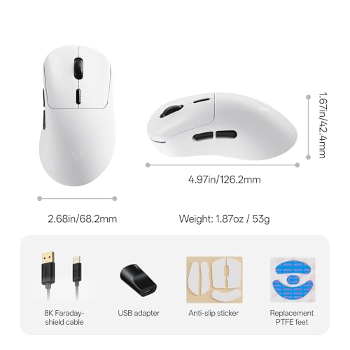 Rapoo VT3 Gen-2 Wireless Gaming Mouse, True 8K Wireless Polling Rate, 53g Lightweight, Up to 750 Hr Battery, Nordic nRF54L15 MCU, 100-Million Mechanical Switch, 10 Programmable Buttons, Macro Enabled - color: White