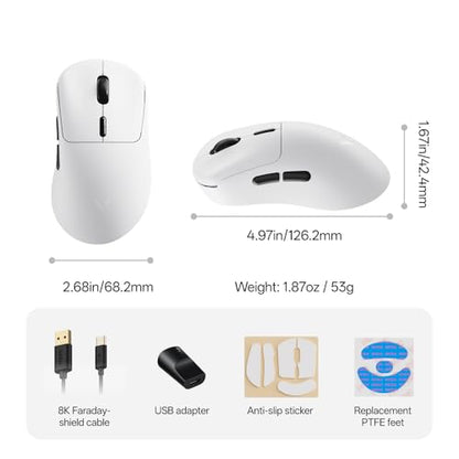 Rapoo VT3 Gen-2 Wireless Gaming Mouse, True 8K Wireless Polling Rate, 53g Lightweight, Up to 750 Hr Battery, Nordic nRF54L15 MCU, 100-Million Mechanical Switch, 10 Programmable Buttons, Macro Enabled - color: White