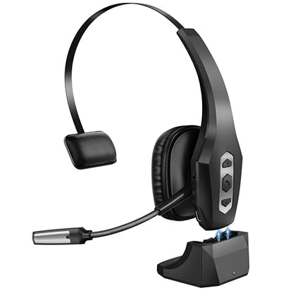 Trucker Bluetooth Headset with Charging Base, Wireless Hands-Free Headset with Noise Canceling Mic & Mute Button, 56Hrs Working Time PC Headsets for Cell Phones, Computer, Truck Driver - color: BLACK