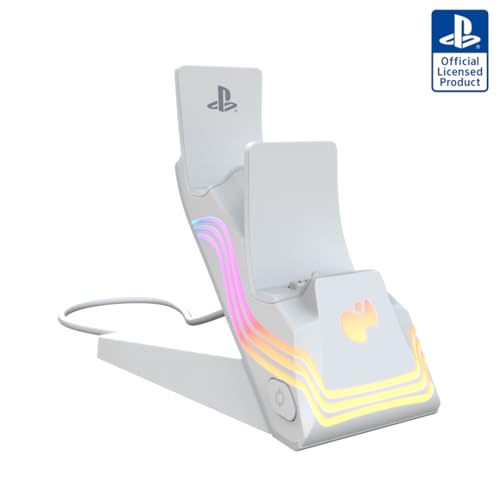 PDP Afterglow Wave Dual Charger for PS5, PS4, PlayStation Controllers | Customizable RGB Lighting, Charges 2 DualSense Controllers, Rechargeable 40-Hr Battery, Licensed for PlayStation 5 & 4, White - color: White, style: PlayStation