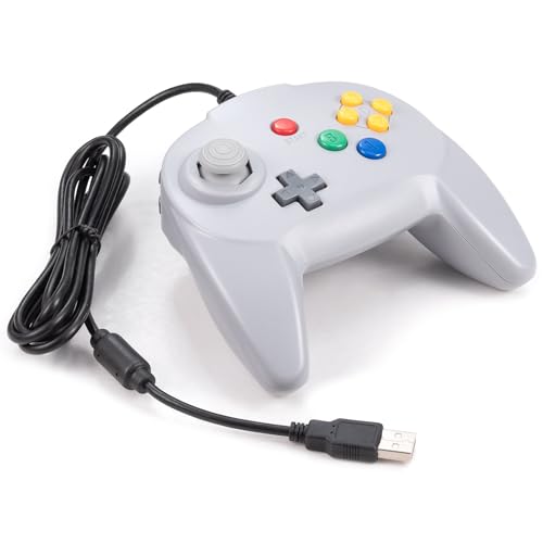 KIWITATA N64 Mini USB Controller, Retro N64 Wired 64-bit PC Remote Upgraded Joystick Game Pad Controller for Windows PC MAC Linux Raspberry Pi Grey