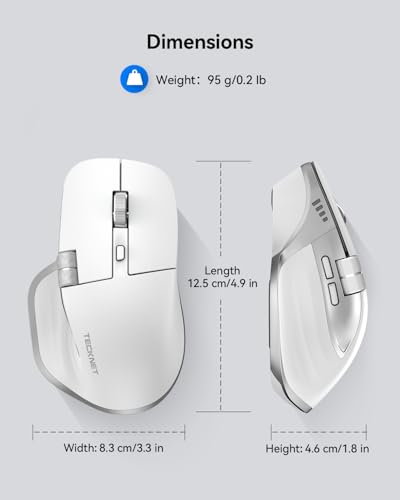 TECKNET Wireless Mouse, Bluetooth Mouse (BT5.3/5.0 & 2.4G) Rechargeable Ergonomic Optical Mouse with 6 Adjustable DPI, Side Scroll, Quiet Clicks, USB A Receiver, 7 Buttons, Wide Compatibility - White - color: Light White