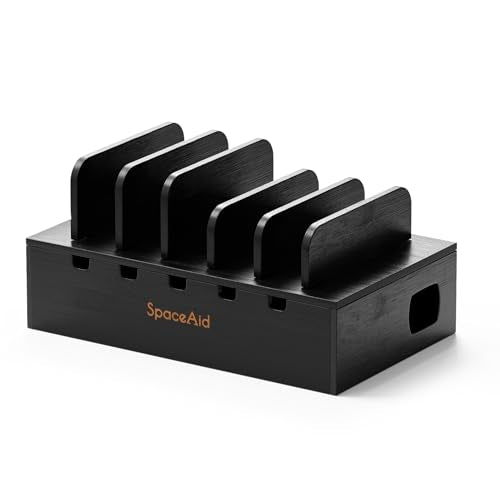 SpaceAid Bamboo Charging Station for Multiple Devices, Cell Phone Docking Stations for Multi Laptop, Tablets and iPads, Nightstand Bedside Desk Device Charger Organizer (Black) - color: Black