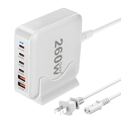 260W USB C Charger Block GaN III USB Desktop Charging Station 6 Ports QC4.0 Fast Charging Station Hub+PD 100W Type C Laptop Charger Adapter Compatible with MacBook Pro Laptop Tablet and Phone - color: White