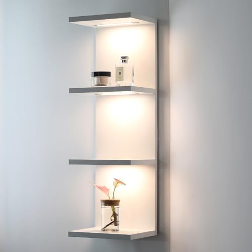 4 Tier LED Wall Shelf, White | Modern Floating Shelves for Makeup Vanity,Bedroom,Living Room,Eay Install Cosmetic Display Lack shelf - color: 4l-white
