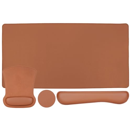 MOSISO Keyboard Mouse Pad Set, PU Leather Large Gaming Mousepad&Keyboard Wrist Rest&Mouse Wrist Rest&Coaster, Ergonomic Non-Slip Mousepad&Easy Typing Cushion with Memory Foam for Home Office, Brown
