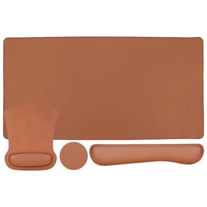 MOSISO Keyboard Mouse Pad Set, PU Leather Large Gaming Mousepad&Keyboard Wrist Rest&Mouse Wrist Rest&Coaster, Ergonomic Non-Slip Mousepad&Easy Typing Cushion with Memory Foam for Home Office, Brown