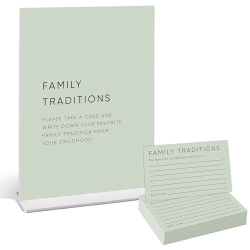 Family Traditions Baby Shower Games,Baby Shower Decorations,Baby Shower Signs,Gender Reveal Decorations,Baby Shower Bingo,1 Acrylic Sign with Stand and 50 Party Cards Set（Green03） - color: Green-g07, size: Family Traditions-6X8