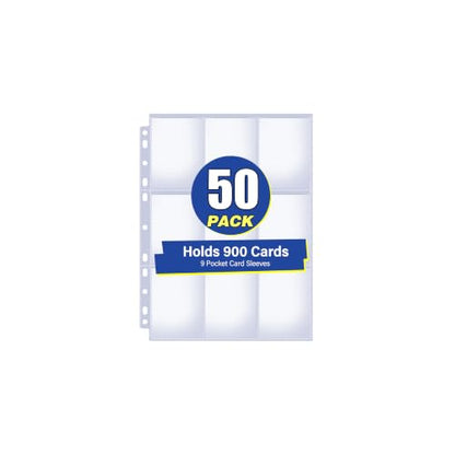 50 Pack 9 Pocket Card Sleeves Binder Sheets, Holds 900 Cards, Trading Card Sleeves for 3 Ring Binder, Protective Pages Sheets for Baseball, Football, Business, Game Cards