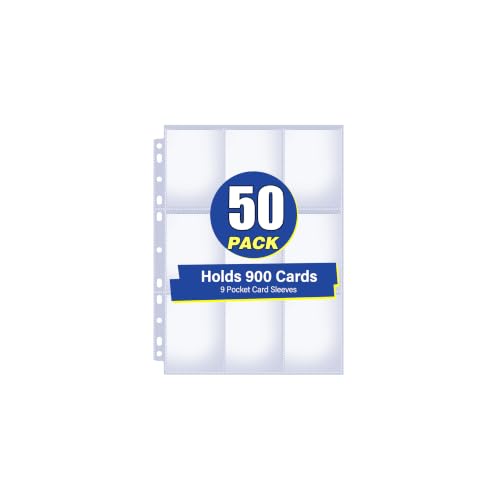 50 Pack 9 Pocket Card Sleeves Binder Sheets, Holds 900 Cards, Trading Card Sleeves for 3 Ring Binder, Protective Pages Sheets for Baseball, Football, Business, Game Cards