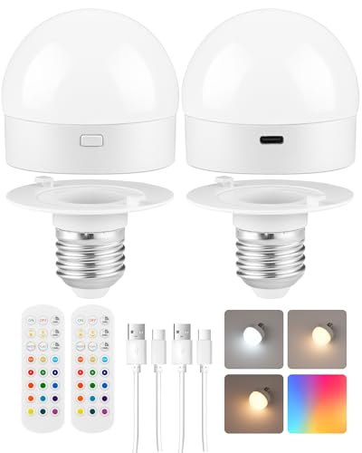 Rechargeable Light Bulbs with Remote Control, Battery Operated Light Bulbs, 3 Timer 15 Colors Selectable, Dimmable Wireless RGB LED Bulb for Wall Sconce, Non-Hardwired, 2 Pack, R01YBP206 - size: E26 Base - RGB