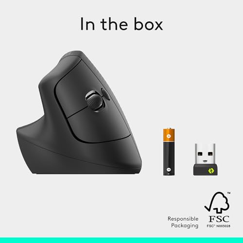 Logitech Left Handed Lift Vertical Ergonomic Wireless Mouse - Graphite | Connect via Bluetooth or included Logi Bolt USB-A receiver, quiet clicks, 4 of 6 buttons customizable, Windows Mac compatible - color: Graphite, style: Left-Handed