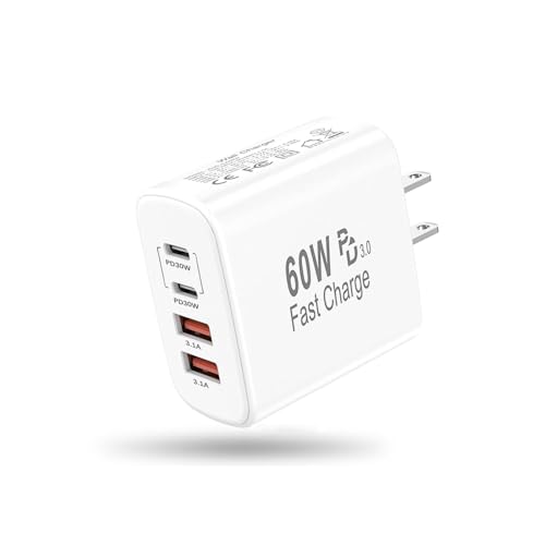 USB C Charger Block,60W 4-Port USB C Wall Charger iPhone Charger Fast Charging PD Power Adapter+QC Wall Plug Multiport Type C Brick Chargers for iPhone 17 16 15 14 13 12 11 Pro Max XS,Samsung - color: White, size: 1pack