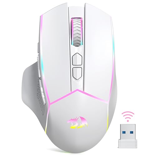 Redragon Wireless Gaming Mouse, Tri-Mode 2.4G/Bluetooth/USB-C, 7 Programmable Buttons, Tactile Rapid Fire Key, 24000 DPI RGB Ergonomic Mouse for PC Windows Gaming & Work, M814W - color: White