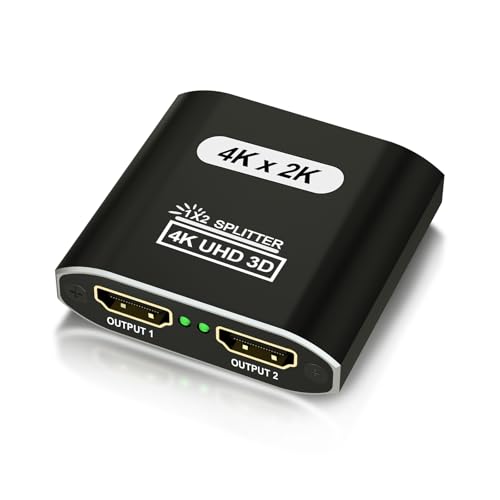 HDMI Splitter 1 in 2 Out, 4K@30Hz HDMI Splitter for Dual Monitors, Aluminum Powered HDM I Spliter for Mirror Screen,1x2 Duplicator Support 3D HD 1080P for Fire Stick Xbox PS Roku Blu-ray Cable Box