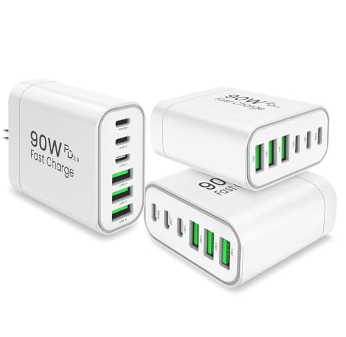 90W GaN USB C Charger Block [3 Pack],6-Port USB C Wall Charger Fast Charging 45W PD Power Adapter for MacBook Air/iPad Pro/iPhone 17Pro Max/Samsung Galaxy S24 Ultra/Tabs for Home Travel - color: White, size: Three