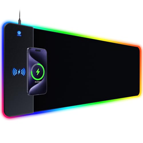 RGB Gaming Mouse Pad With 15W Wireless Charging, Extra Large LED Mousepad, 14 Light Modes, XXL Size, Ergonomic Computer Pad, Non-Slip Rubber Base for Laptop, Gifts for Gamer/Men