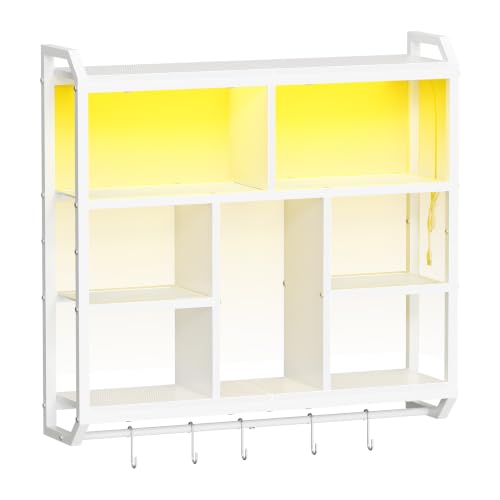 HOOBRO Gaming Floating Shelves with LED Light, 28.1" LED Wall Shelf White | 4-Tier Wall Mounted Shelves for Storage, Floating Wall Shelf Display Rack With Hanging Rod, for Bedroom Game Room Living Room - color: White