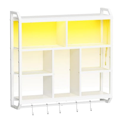 HOOBRO Gaming Floating Shelves with LED Light, 28.1" LED Wall Shelf White | 4-Tier Wall Mounted Shelves for Storage, Floating Wall Shelf Display Rack With Hanging Rod, for Bedroom Game Room Living Room - color: White