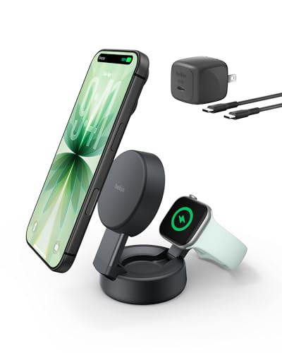 Belkin Qi2.2 25W Wireless 2 in 1 iPhone Charger, Fast Charging for Travel | Fast Charging, MagSafe Compatible, iPhone 17/16/15, Apple Watch, Travel Charger, Magnetic - color: Black, style: 2 in 1