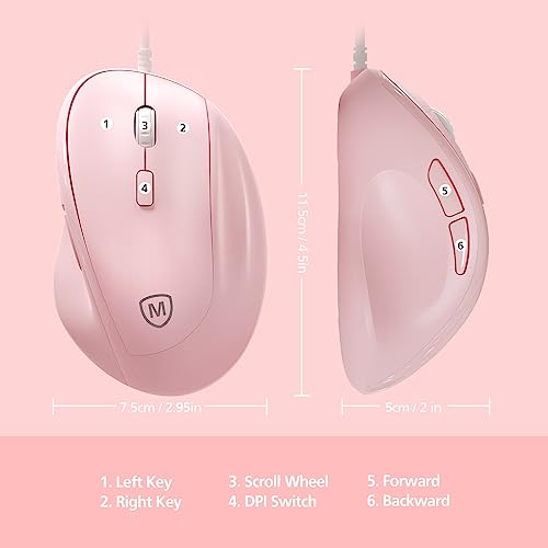 Micropack Ergonomic Mouse Wired for Laptop, PC Computer and Desktop, Ergo Mouse Vertical with Silent Clicks, Up to 3200 DPI Adjustable Mouse Sensitivity, Pink - color: Pink, size: Wired