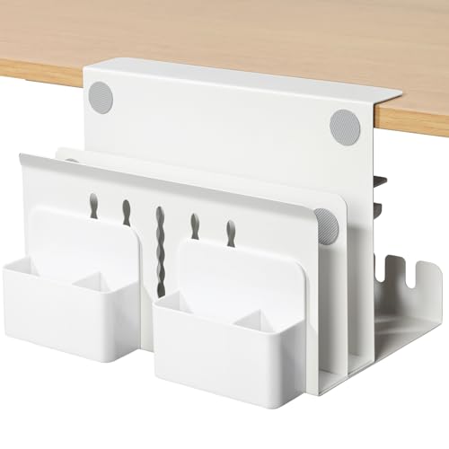 MAXECHO Desk Side Storage, Under Desk Laptop Mount, Table Side Hanging File Organizer, No Drill Clamp On Cable Management Tray, Laptop Holder with Magnetic Pen Holder for Office and Home, Load 22 Lbs - color: White, size: Double-deck with Pen Holder & Cab