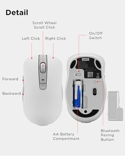 Lenovo Bluetooth Silent Mouse (WL300) - 5 Button Computer Mouse with Silent Left & Right Click – Sculpted Grip, Microsoft Swift Pair, Up to 1600 DPI (White) - color: WL300 White