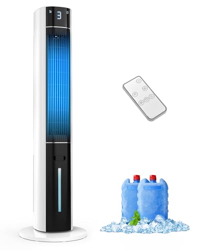 Evaporative Air Swamp Cooler - 38inch Cooling Fans that Blow Cold Air for Bedroom, Portable Tower Fan with 3L Water Tank, Ice Packs, Remote Control, 3 Speeds - color: Ivory White