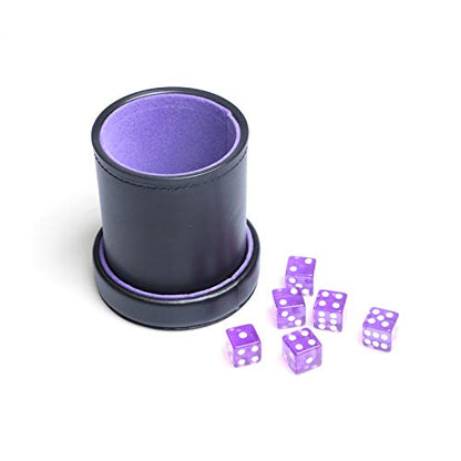 PU Leather Dice Cup Purple Velvet Lined Quiet Shaker with Lid Including 6 Purple Translucent Dice for Liars Dice Farkle Yahtzee Board Games - color: Purple