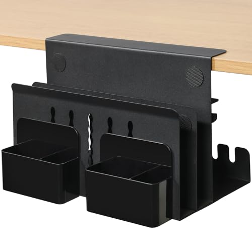 MAXECHO Desk Side Storage, Under Desk Laptop Mount, Table Side Hanging File Organizer, No Drill Clamp On Cable Management Tray, Laptop Holder with Magnetic Pen Holder for Office and Home, Load 22 Lbs - color: Black, size: Double-deck with Pen Holder & Cab