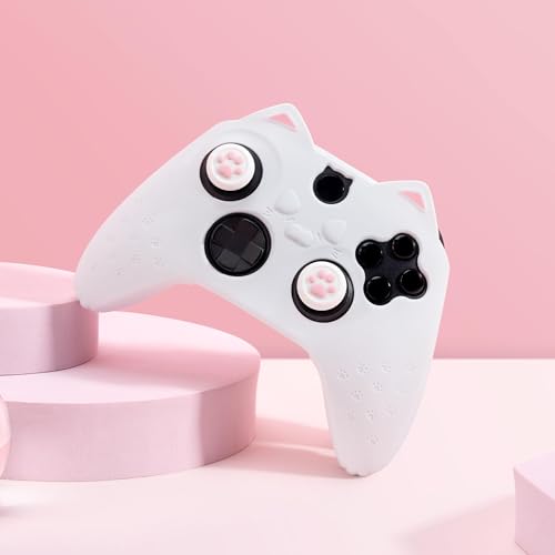 GeekShare Cat Paw Controller Skin Grips Set Anti-Slip Silicone Protective Cover Skin Case Compatible with Xbox Series X Controller with 2 Thumb Grip Caps and 1 Sticker (White) - color: White