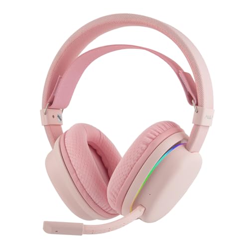 MechLands Aula G7 Wireless Gaming Headset for PS4/PS5/PC/Switch, Over-Ear Headphones with Detachable Noise Canceling Mic, RGB, Surround Sound, 60H Battery, 2.4GHz/BT/Wired (Pink) - color: Pink