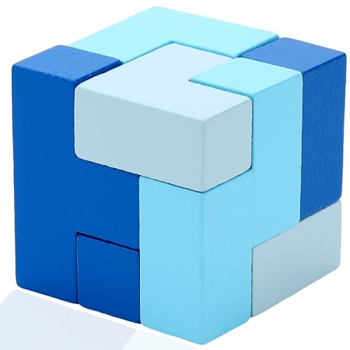 Precision Crafted 7 Piece Wooden Tetromino Cube Puzzle, Screen Free Brain Teaser Logic Game for Kids 6+, Adults, Spatial Reasoning, Focus, Problem Solving and Thoughtful Gifting - style: Tetromino
