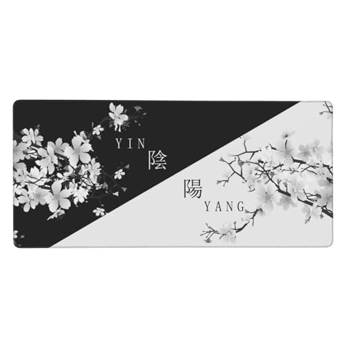 Large Gaming Mouse Pad Japanese Black White Cherry Blossom Mouse Pad with Stitched Edges & Nonslip Rubber Base Extended XXL Long Mousepad Big Desk Mat for Company Office Work, 35.4 x 15.7 in - color: Japanese Black White Cherry Blossom, size: 35.4" x 15.7