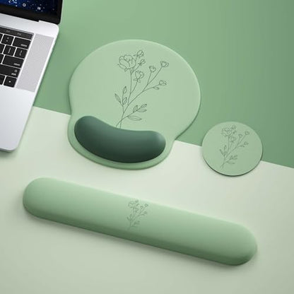 Mouse Pad with Keyboard Wrist Rest,Ergonomic Mouse Pad Wrist Support PU Base with Coaster,Mousepad with Nonslip Base for Computer Laptop Keyboard Home&Office - color: K-Green Plants