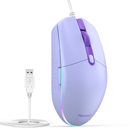 TECKNET Wired Mouse with RGB Backlit, Full Size Mouse with Side Buttons | Up to 8000 DPI, Plug and Play Silent Corded USB Computer Mouse, 7 Adjustable RGB Lighting Modes, Office and Gaming Mice - color: Purple