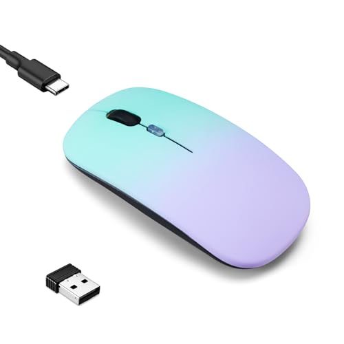 Wireless Bluetooth Mouse,LED Dual Mode Rechargeable Silent Slim Laptop Mouse,Portable(BT5.2+USB Receiver) Dual Mode Computer Mice,for Laptop,Desktop Computer,ipad Tablet,Phone,Mac(Green purple) - color: Gradient Green purple