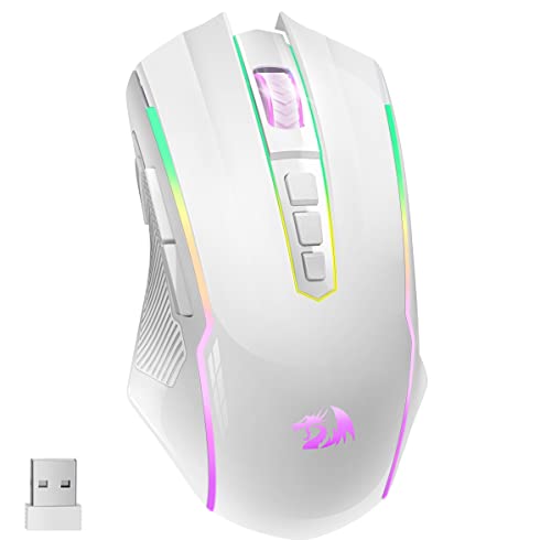 Redragon Wireless Gaming Mouse with RGB Backlit, 8000 DPI, with Fire Button, Macro Editing Programmable,70Hrs for Windows/Mac, Rechargeable, White, M910-WS - color: White, style: 2.4G/ Wired