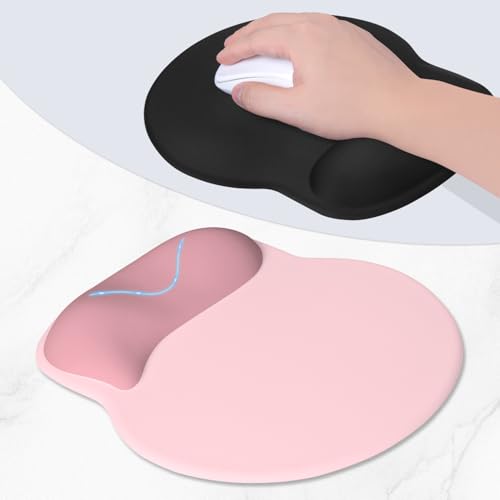 ITNRSIIET Ergonomic Mouse Pad with Wider Memory Foam Wrist Rest +17% - Curved Cushion Reduces Pressure 20%, Pain Relief, Non-Slip, Smooth, Cute Colors, 9.85 x 9 in, Pink Accent - color: Pink Accent
