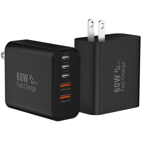 USB C Fast Wall Charger Block, 2Pack 60W USBC Charging Cubes, 5-Port PD+QC Power Adapter Multiport Brick Type C Box Plug for Phone 17/16/15/14/13/12/11/Pro Max/Plus, Pad Mini/Pro/S25/S24-Black - color: Black