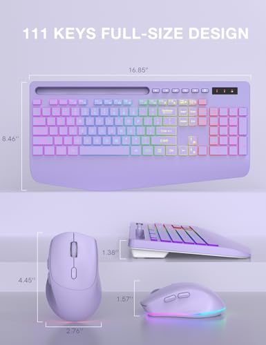 Wireless Keyboard and Mouse Combo, 9 Backlit Effects, RGB, 2.4GHz | Ergonomic Wrist Rest, Phone Holder, Rechargeable, Full Size, KM22 MAX Silent Set for Computer, Laptop, Mac, Windows (Purple) - color: Lavender Purple