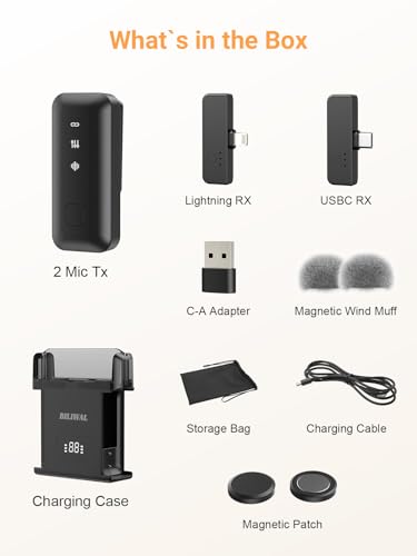 BILIWAL Wireless Lavalier Microphone for iPhone/Android/Laptop with Magnetic Wind Muff/Patch/Clip, Mini Mic with Noise Reduction, 35 H Battery Life via Charging Case, Lightning/USB-C/USB A Plug&Play