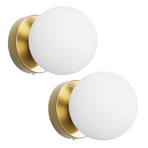 Globe Wall Sconces Set of Two Aged Brass Sconces Mid Century Wall Light Globe Glass Brass Vintage Wall Light for Bathroom Bedroom Hallway Living Room(G9 Base) - color: Brass
