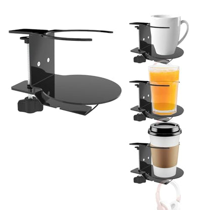 Metal Large Desk Cup Holder with 360° Rotating Headphone Hanger Under Desk, Anti-Spill Table Cup Holder Clamp for Coffee Mugs Bottles, Headset, Pencil Holder.