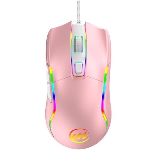 memzuoix Wired Gaming Mouse with RGB - 6 Adjustable DPI up to 12800, 6 Buttons, 12 Lighting Modes, Ergonomic Design with Anti-Slip Rubber Wheel, 5.6ft Braided Cable for PC/Mac/Windows - Pink - color: pink