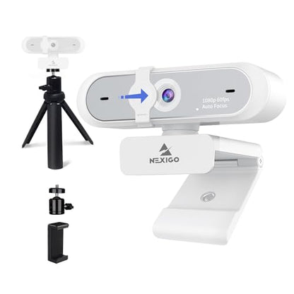 NexiGo 1080P Webcam Kits, N660P (Gen 2) 1080P 60FPS Webcam with Software Control, Dual Microphone & Cover, Autofocus, Lightweight Mini Tripod, for OBS/Zoom/Skype/FaceTime/Teams/Twitch